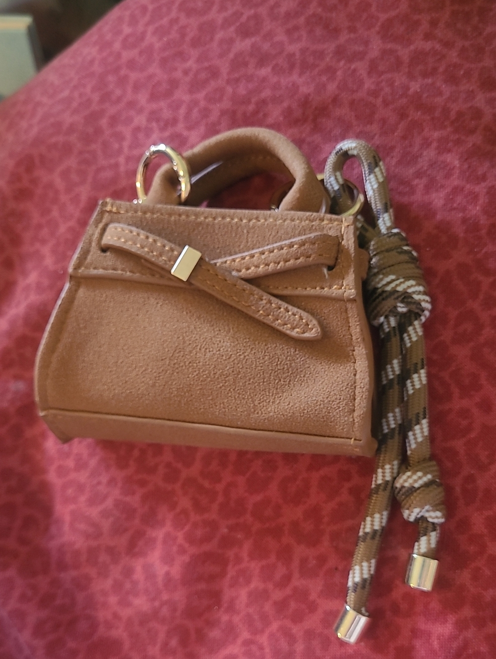 Compact Tan Mini Tote Bag with Rope Strap Bag Charm